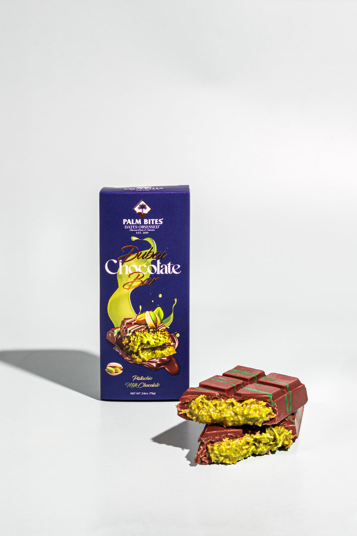 Palm Bites Dubai Pistachio Milk Chocolate Bar 75 g (18 pack) Exotic Viral Dubai Chocolate Montreal Quebec Canada