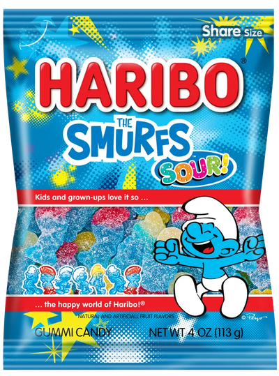 Haribo The Smurfs Sour Peg Bag 113 g (12 Pack) Exotic Snacks Wholesale Montreal Quebec Canada