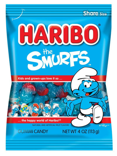 Haribo The Smurfs Peg Bag 113 g (12 Pack) Exotic Candy Wholesale Montreal Quebec Canada
