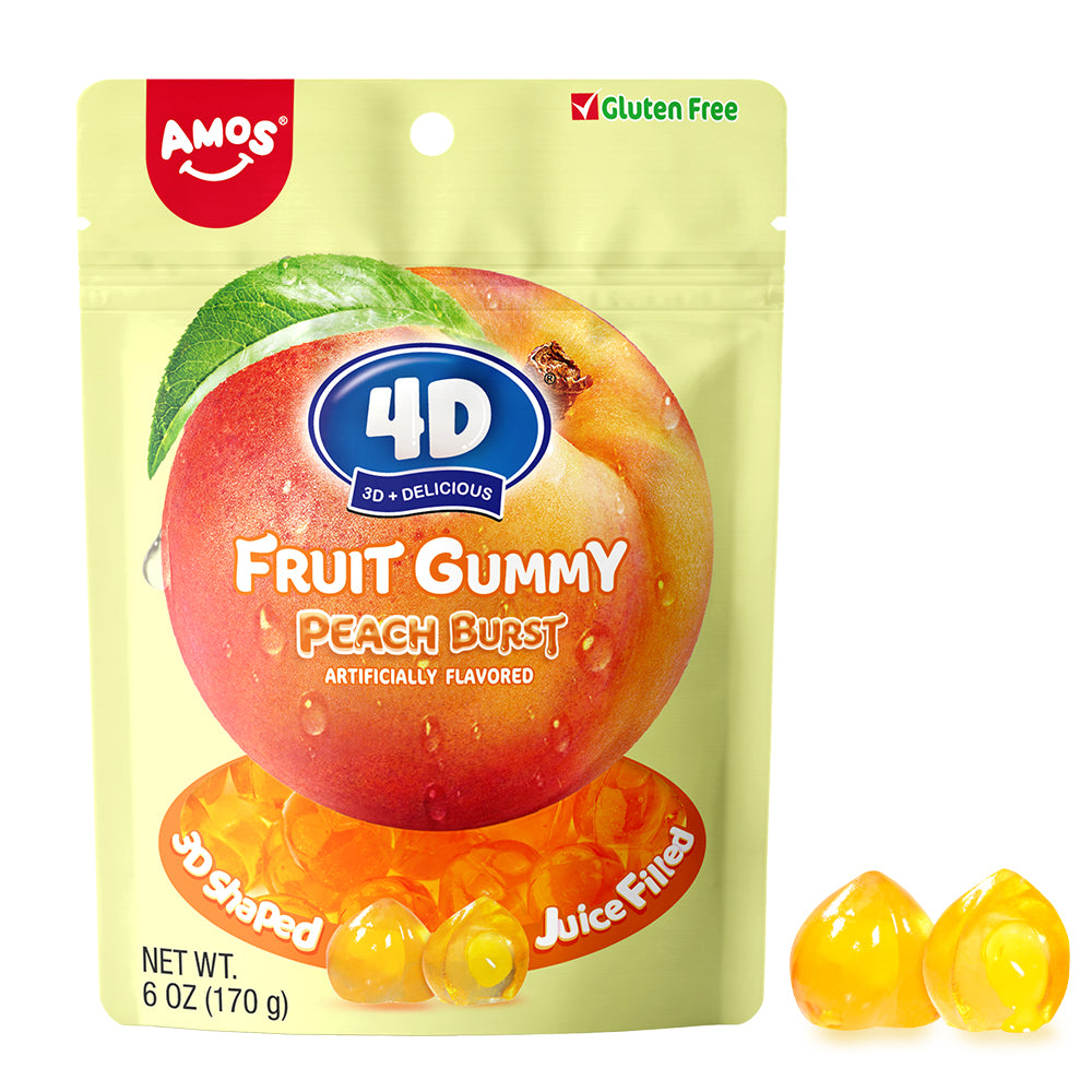 Amos 4D Yellow Peach Burst Fruit Gummy 170 g (12 Pack) Exotic Candy Wholesale Montreal Quebec Canada