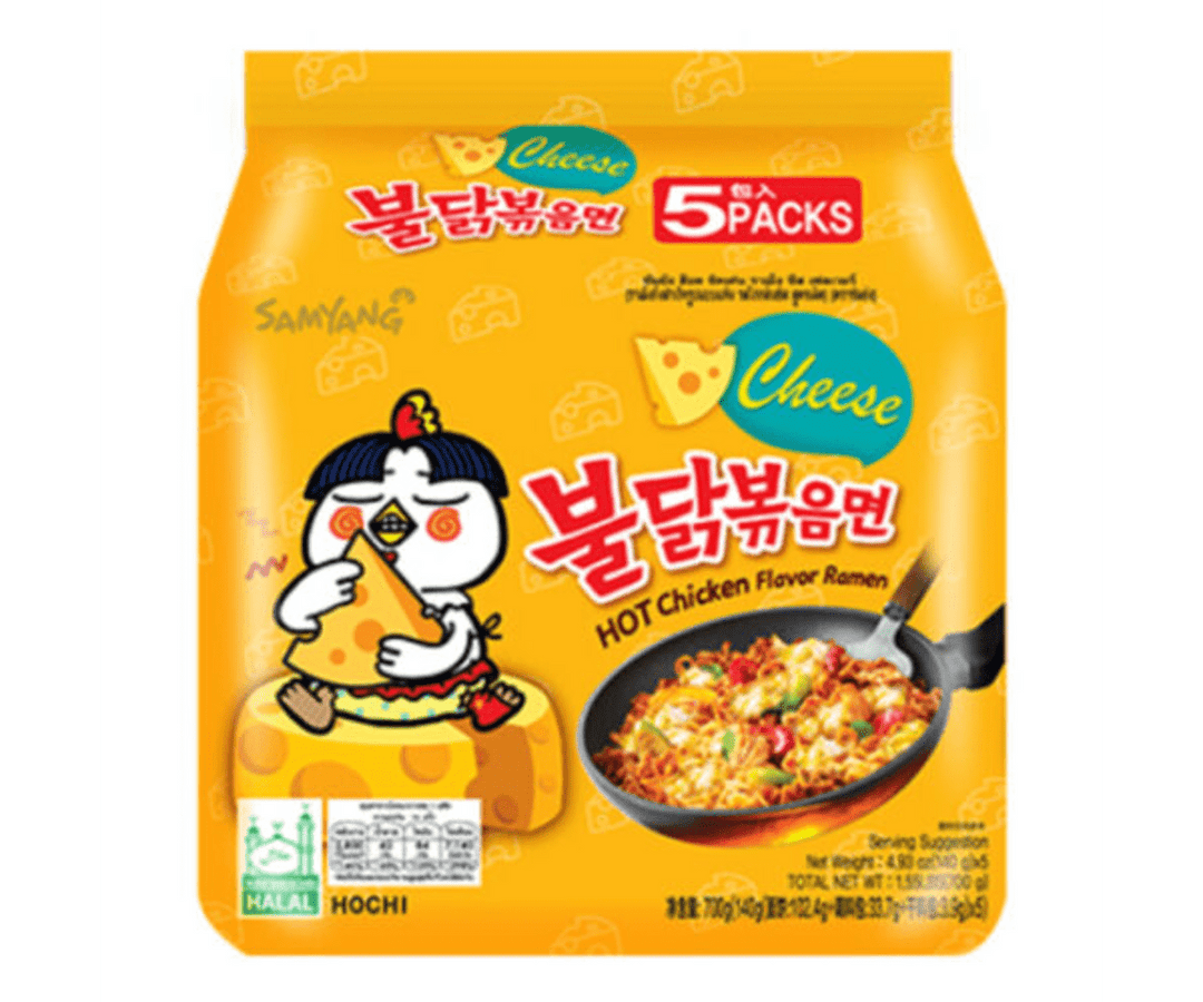 Samyang Buldak Spicy Chicken Cheese Ramen 140 g x 5 (8 pack) Exotic Snacks Wholesale Montreal Quebec Canada