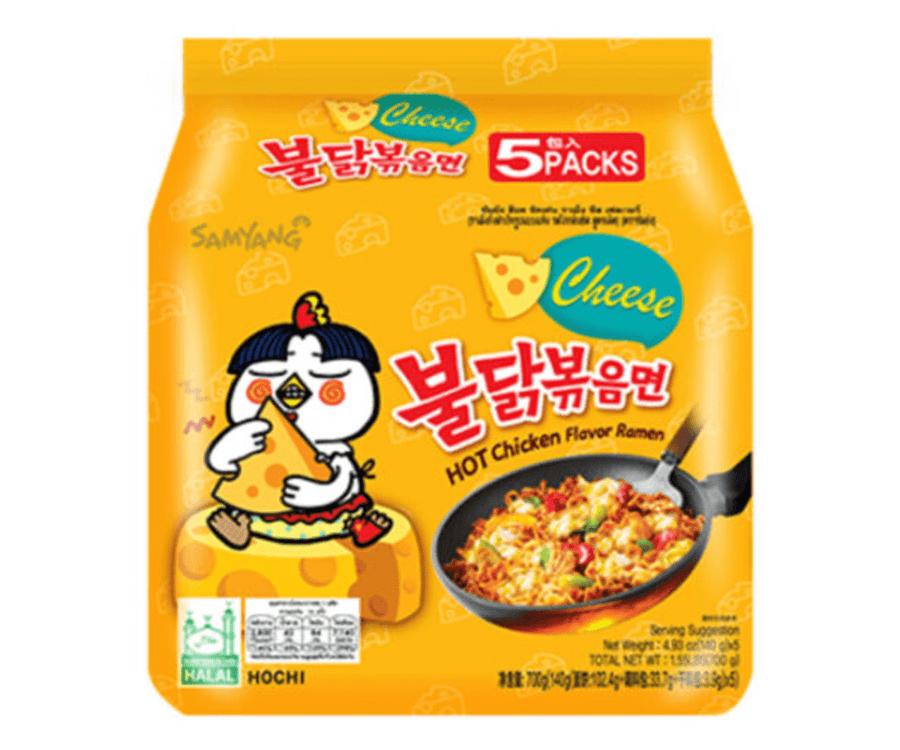 Samyang Buldak Spicy Chicken Cheese Ramen 140 g x 5 (8 pack) Exotic Snacks Wholesale Montreal Quebec Canada