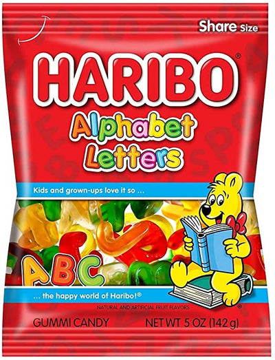 Haribo Alphabet Letters Candy Peg Bag 142 g (12 Pack) Exotic Candy Wholesale Montreal Quebec Canada